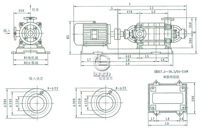 XBD5.8~21.6/45-150W型消防泵外形及安装尺寸